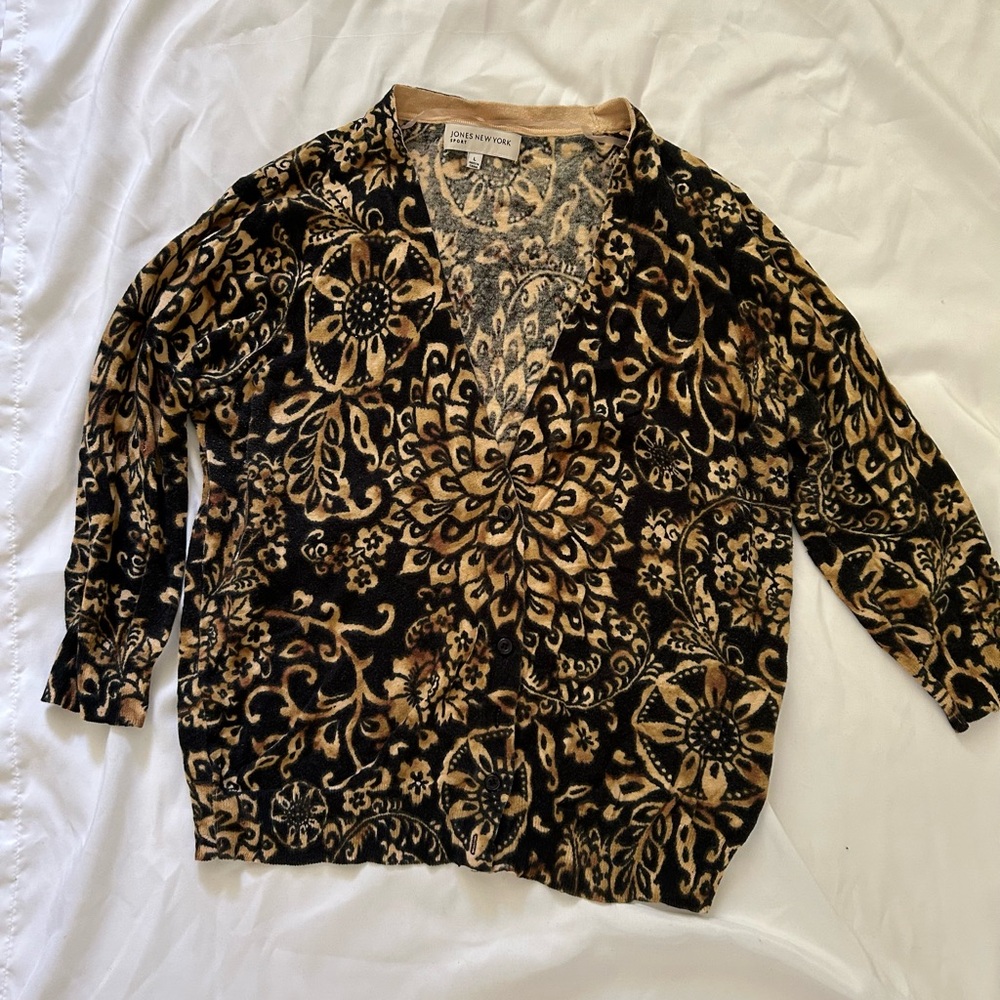 Jones New York Black and Tan Floral Cardigan